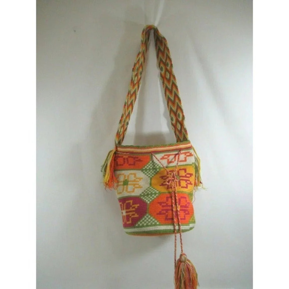 Wayúu Mochila Bag Purse Floral Woven Orange Pink Bucket Shoulder Straps Colombia - Picture 2 of 9